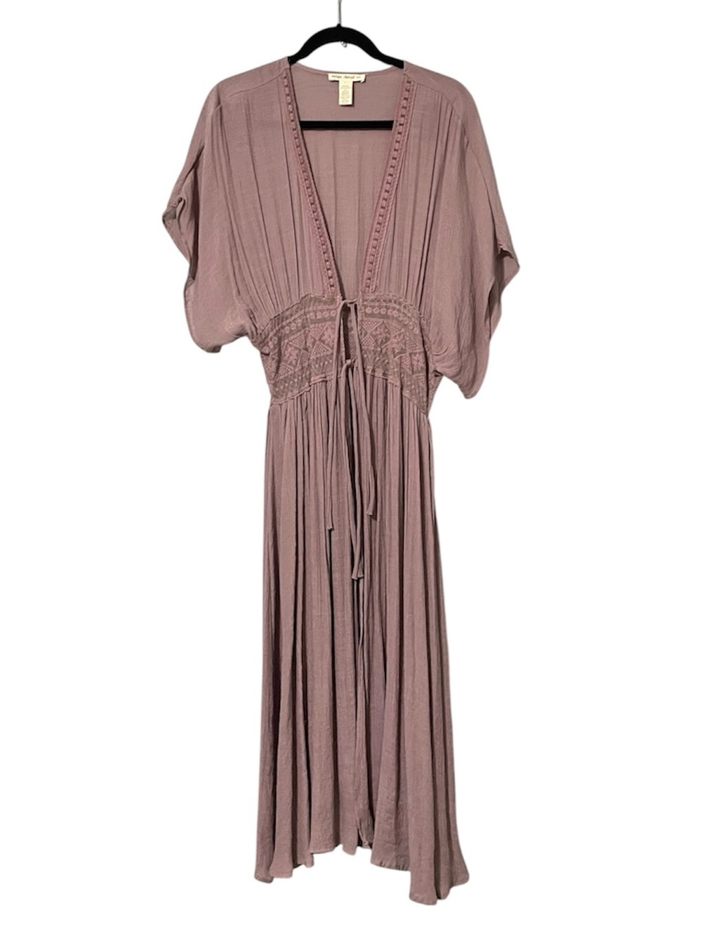 Indigo Thread Co. Mauve Purple Tie Front Lace Trim Kimono Duster Large
